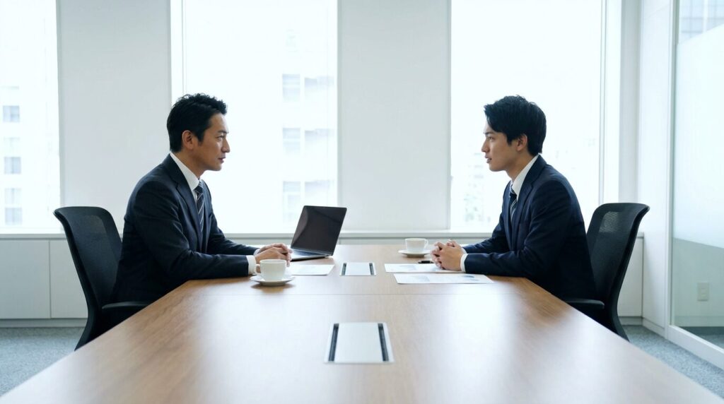 職場で適切な距離感を保ち、冷静にコミュニケーションをとる日本人社員たち。人の事が気になる人への適切な対処法として、感情論を避けて事実を伝える様子を表している。