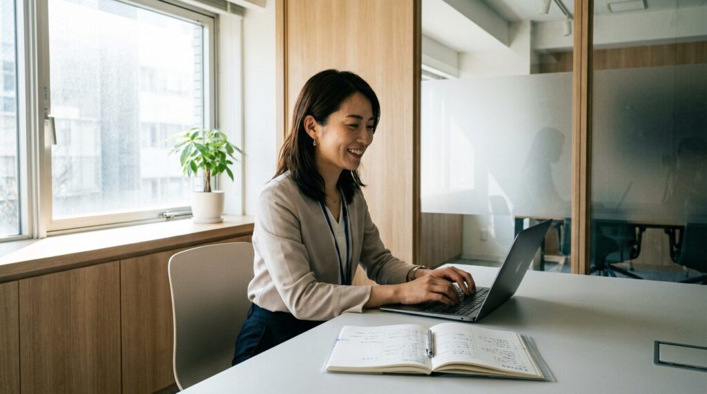 パソコンやノートを活用して業務記録を残し、毅然と仕事に取り組む日本人女性社員。楽な仕事しかしない人への効果的な対処法を実践している前向きな様子。