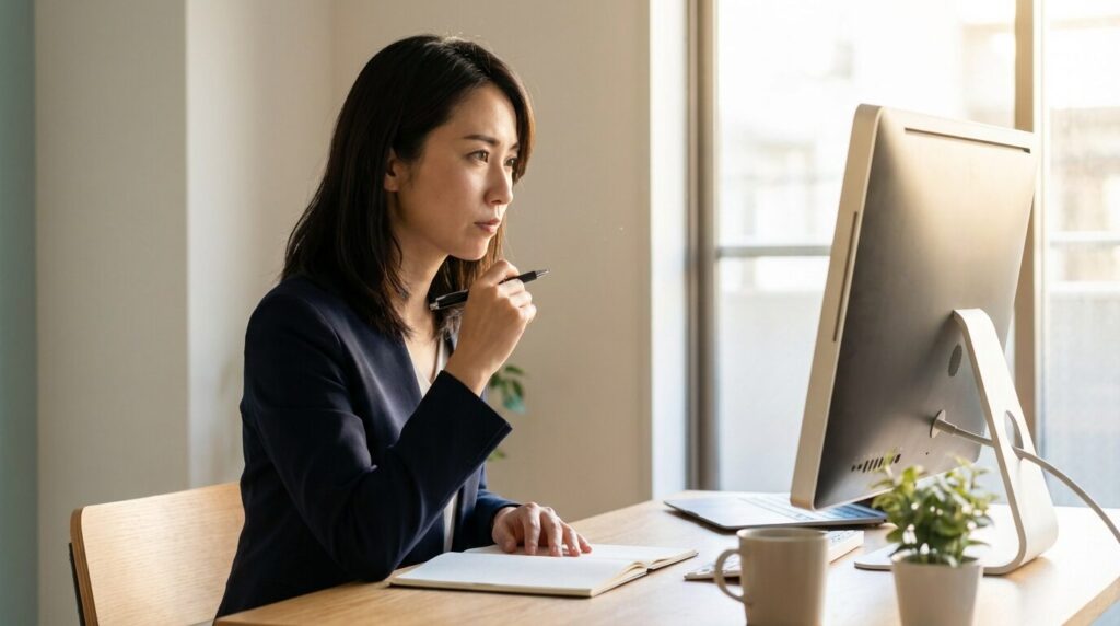 デスクで冷静に業務の記録を取り、トラブルに備える日本人女性社員。職場での責任感のない人への効果的な対処法として、証拠を残し自衛することの重要性をイメージしている。