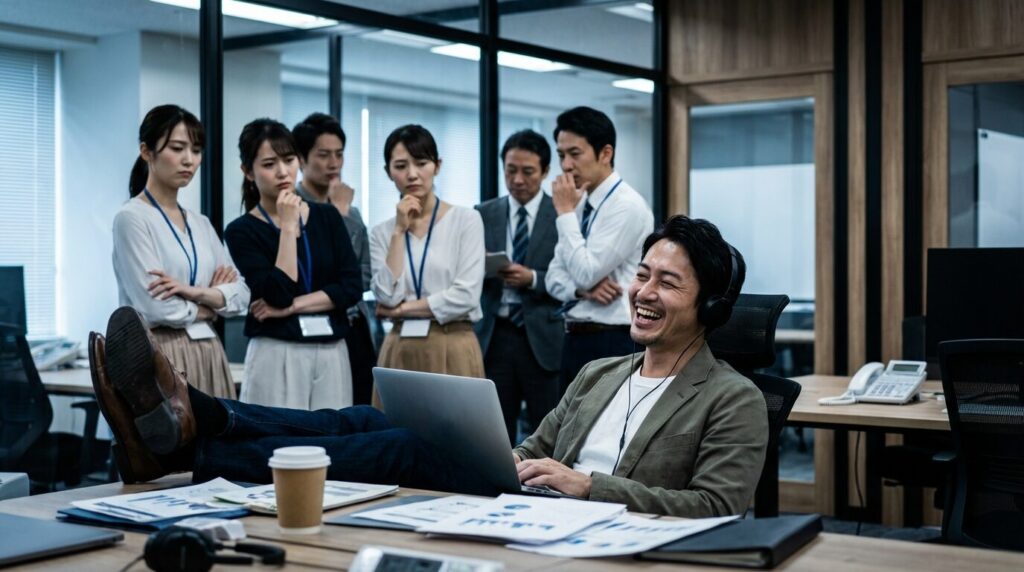 オフィスで自己中心的な人の振る舞いに周囲が困惑している様子。自己中心的な人の末路や特徴、原因を象徴する場面。