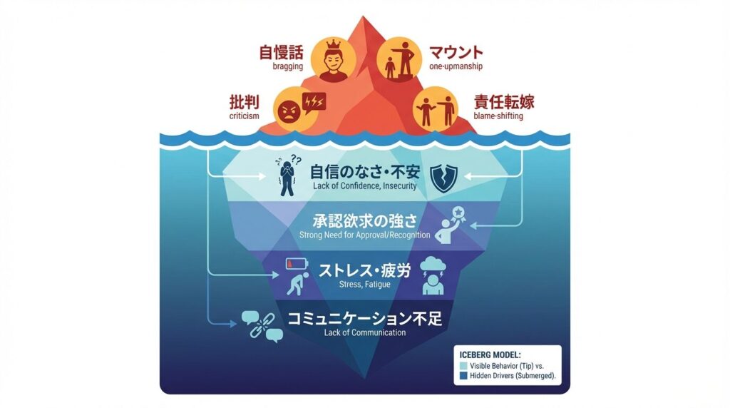 自己中心的な言動の裏にある心理を表した氷山モデルの図解。水面上の見える行動（自慢・批判）の下に、水面下の見えない心理（自信のなさ・劣等感・孤独への恐怖）が大きく隠されている様子。