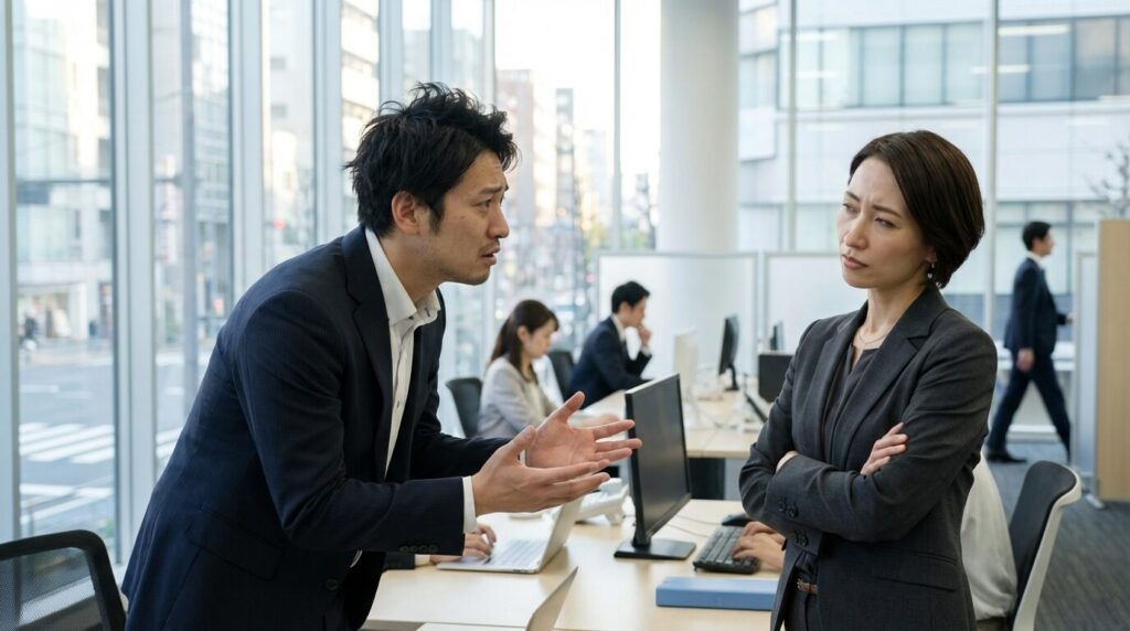 職場で言い訳を繰り返す30代日本人男性社員に対し、困惑しながらも対応しようとしている40代日本人女性上司の様子。言い訳ばかりする人の育ちや末路、職場での対処法という主題に関連した状況を描写している。