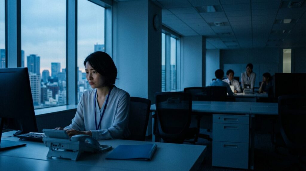 職場で周囲から孤立し、一人でデスクに座る30代日本人女性社員。人によって態度を変える人が迎える末路と、職場に及ぼした悪影響の結果を表している。