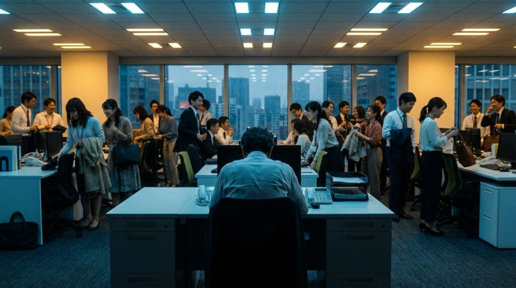 揚げ足を取る人が迎える悲しい末路を表現したシーン。周囲からの信頼を失い、職場で孤立して一人取り残されている日本人男性社員の様子。