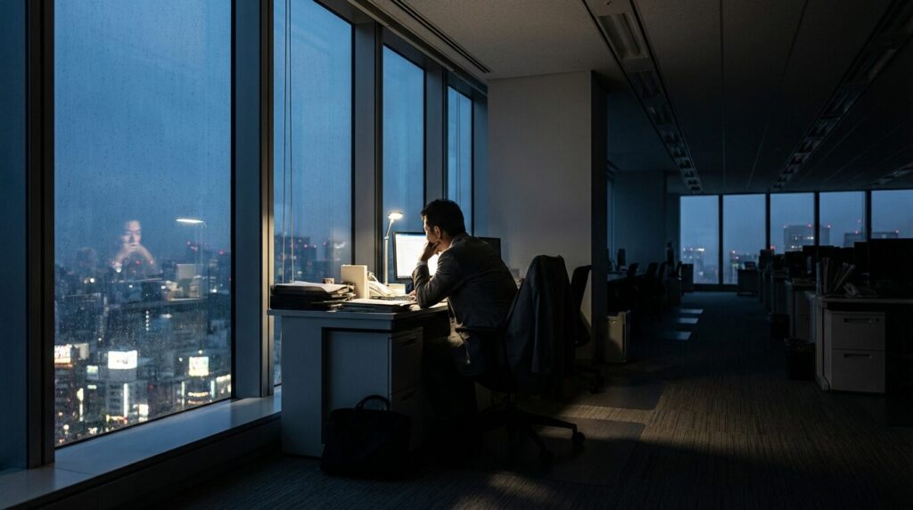 夕暮れのオフィスでたった一人取り残されている日本人男性社員。意地悪な人が迎える孤独な末路と誰からも助けてもらえない状況を表現している。