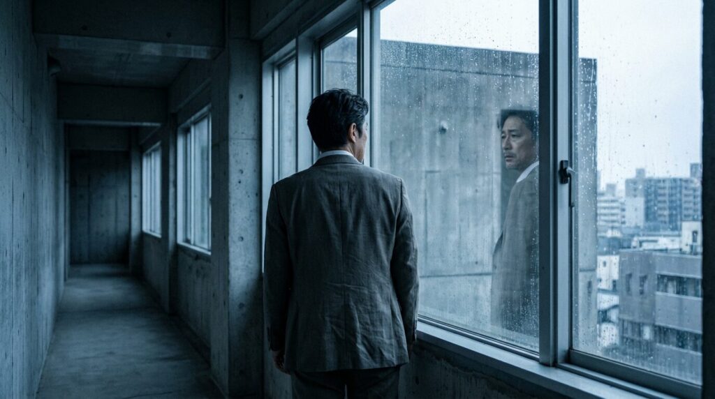 誰もいない無機質な空間で一人佇む中年日本人男性の後ろ姿。信頼を積み重ねなかった結果として、自分の事しか考えない人が迎える孤独な末路を表現している。