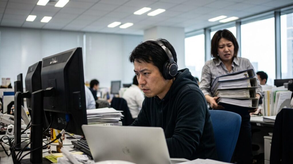 困っている同僚に気づかず自分の作業に没頭する日本人男性社員。自分の利益や都合ばかりを優先し、他人の状況を想像するのが苦手な思いやりがない人に共通する特徴。