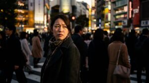 人混みの中で不安げな表情を浮かべる日本人女性が、執着されやすい人の特徴である対人関係の悩みを抱えている様子。執着する人の心理や対処法を知る前の不安な心情を表している。