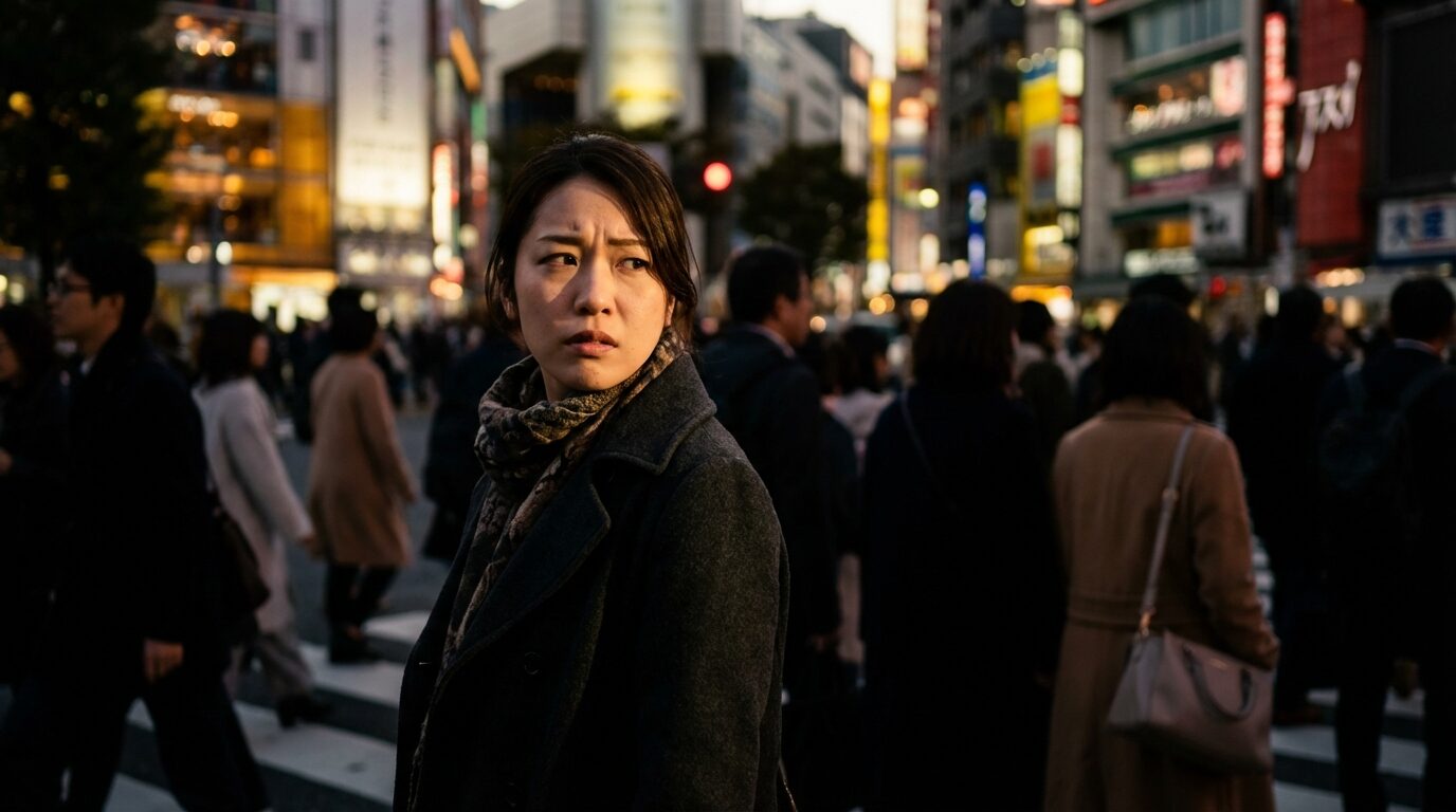 人混みの中で不安げな表情を浮かべる日本人女性が、執着されやすい人の特徴である対人関係の悩みを抱えている様子。執着する人の心理や対処法を知る前の不安な心情を表している。