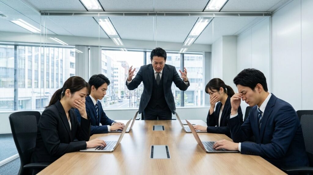 会議で自分の利益ばかり優先し、他者への配慮が不足している自己中心的な人の特徴を表した様子。