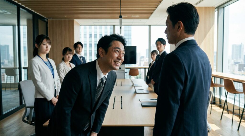 役員に対して過剰に媚びる40代日本人男性の様子。人によって態度を変える人に共通する特徴的な行動と、その心理的背景を表している。