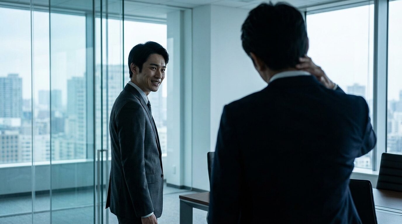 日本のオフィスで真剣な会議中にヘラヘラした笑顔を浮かべる日本人男性社員。ヘラヘラしてる人の特徴や隠された心理を象徴し、周囲との温度差を表している様子。