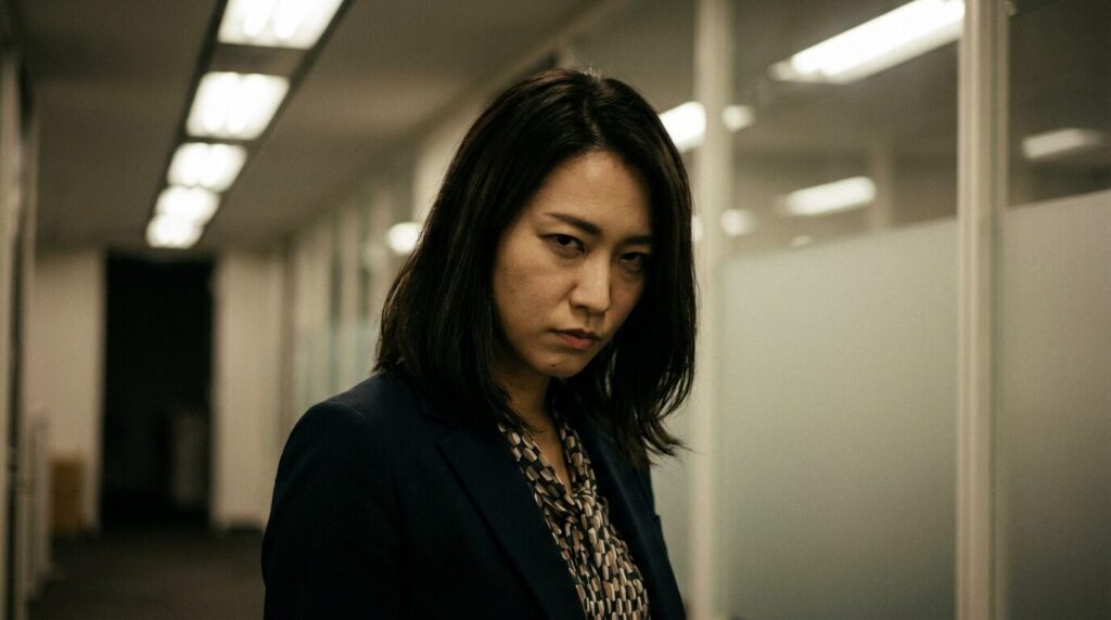 相手を値踏みするように睨んでいるような目つきをしている日本人女性。意地悪な人の顔つきに見られる攻撃的な特徴。