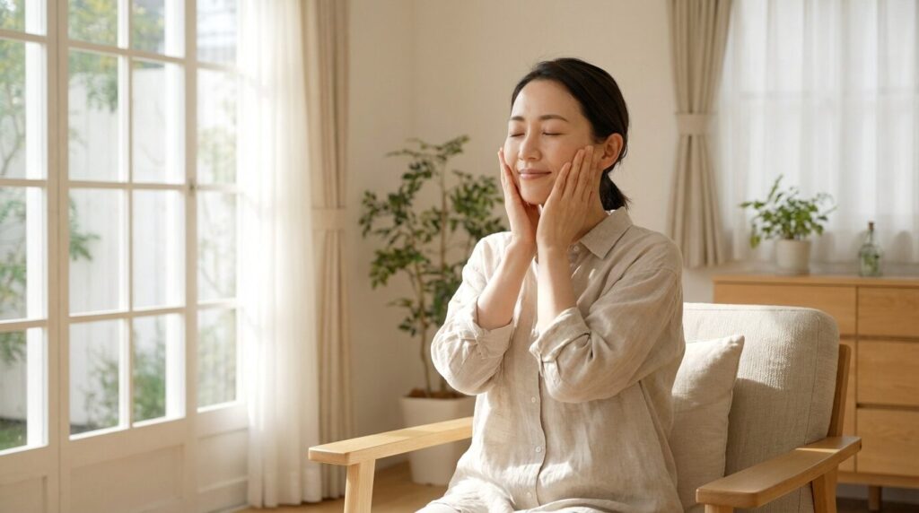 鏡の前で表情筋のマッサージを行い、意地悪な人の顔つきを改善する習慣と行動を実践している日本人女性。