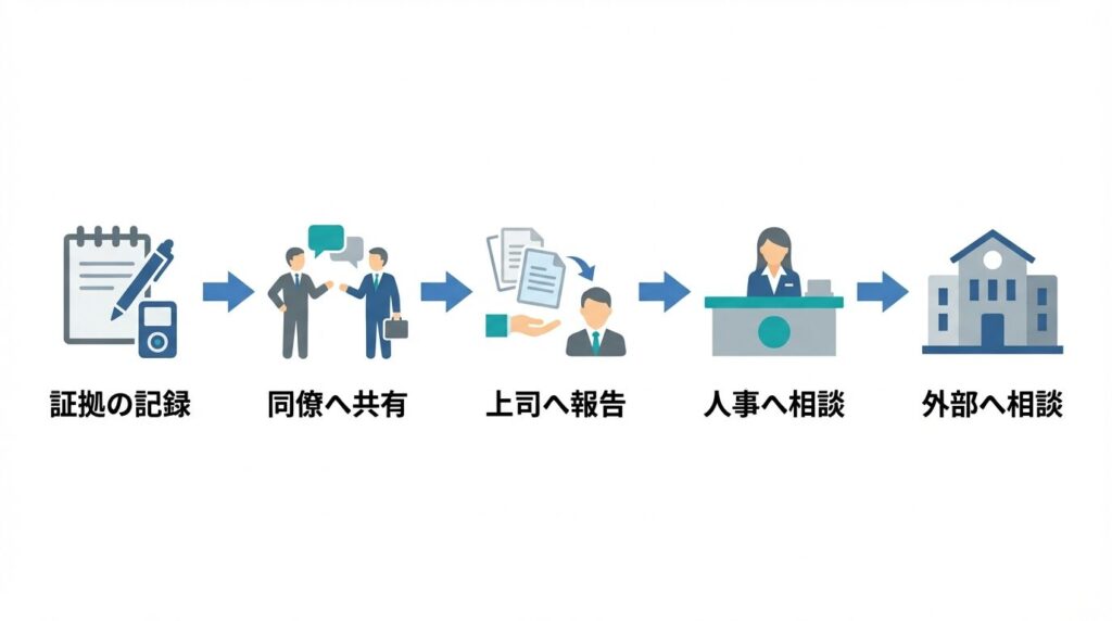 証拠の記録から外部機関への相談まで、職場でのトラブル解決に向けた5段階の相談プロセスを示すフローチャート