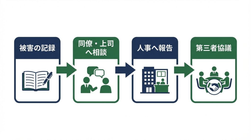 職場での攻撃やハラスメントが深刻化した際の対応フローチャート。被害の記録、周囲への相談、人事への報告、第三者を交えた協議という4つのステップを解説。