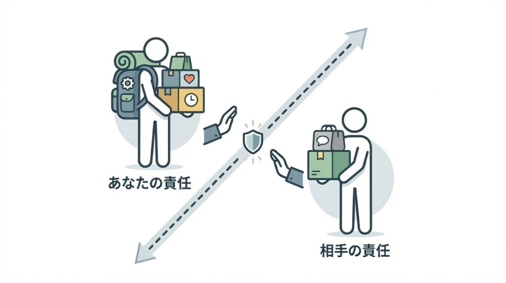 心理的な境界線(バウンダリー)の引き方を示す概念図。自分と相手の責任範囲を視覚化し、期待値をコントロールする健全な関係のイメージ