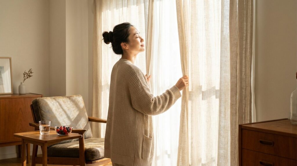 朝日を浴びて一日をスタートさせる日本人女性。睡眠や食事などの生活習慣を見直し、体調管理ができない状態から抜け出すための改善策を実践している。