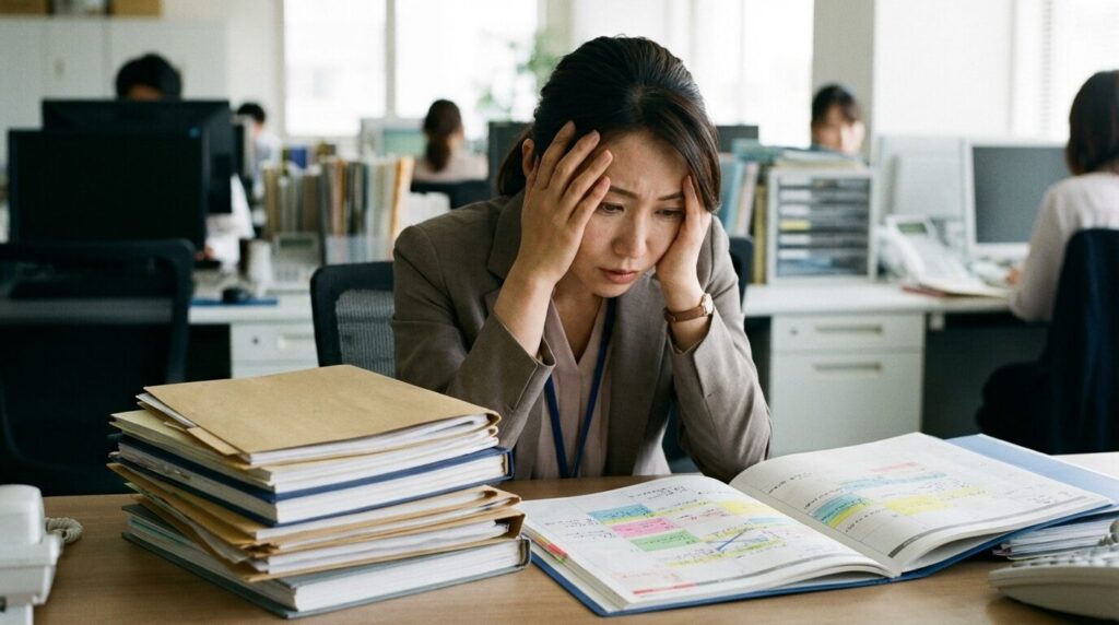 山積みの書類と過密なスケジュールを前に困惑する日本人女性。業務過多や環境要因など、個人の努力だけでは体調管理ができない原因に直面している状態。