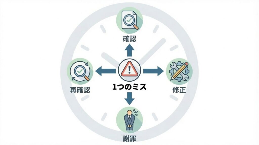 1つの仕事のミスが確認・修正・謝罪・再確認といった追加タスクを発生させ、時間を奪う様子を示した因果関係図。
