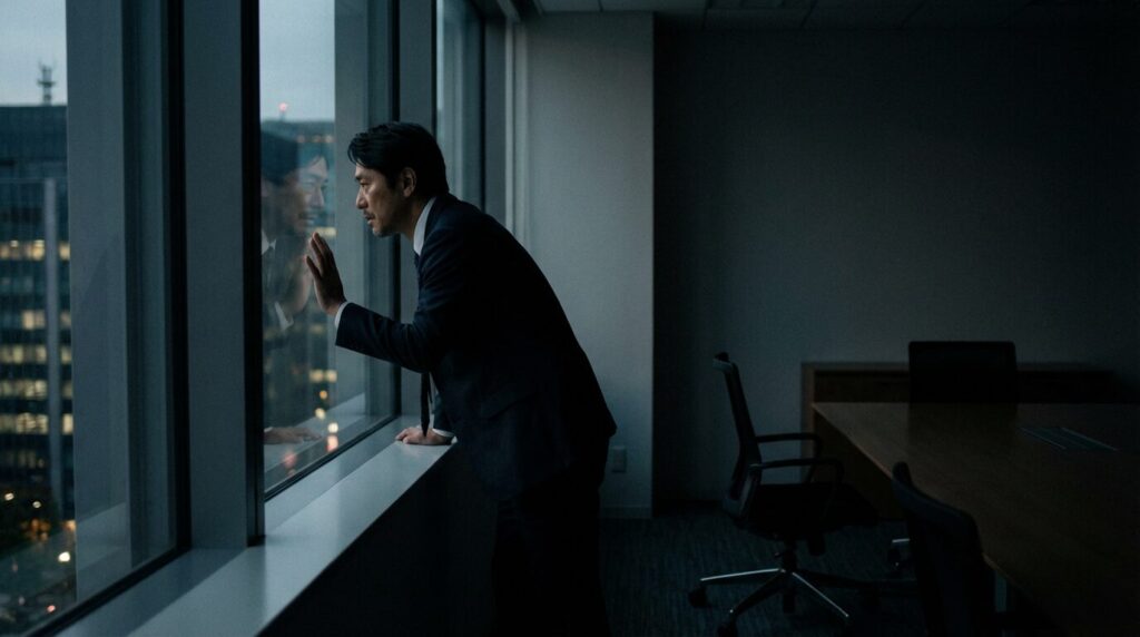 夕暮れのオフィスで一人不安そうに佇む日本人男性。いちいち人のことを気にする人の裏にある自信のなさや隠された心理を象徴している。