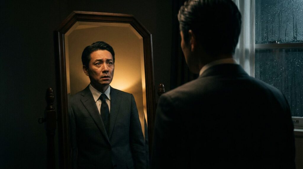 鏡の前で不安げな表情を見せる日本人男性。自分が一番大事な人の心理にある、表面的な強さの裏に隠された自信のなさや孤独感を表している。