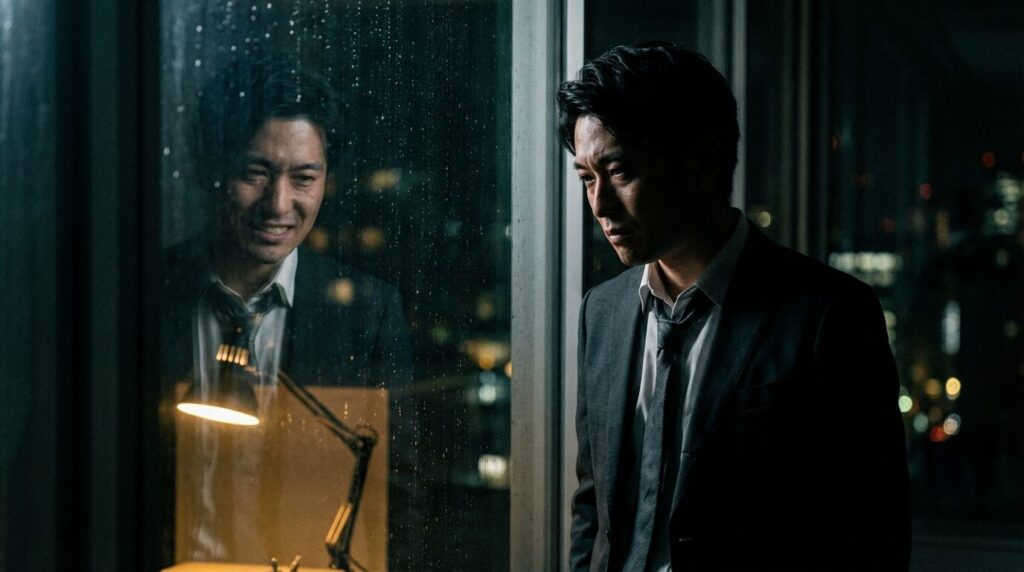 鏡に映った笑顔とは裏腹に暗い表情を見せる日本人男性。嫌われる恐怖や自信のなさなど、ヘラヘラしてる人の隠された心理や内面の葛藤を表現している。