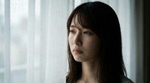 窓辺でカーテン越しに外を見つめる日本人女性の様子。「自分を知られたくない」という心理やその原因となる内面の葛藤を、光と影のコントラストで表現している。