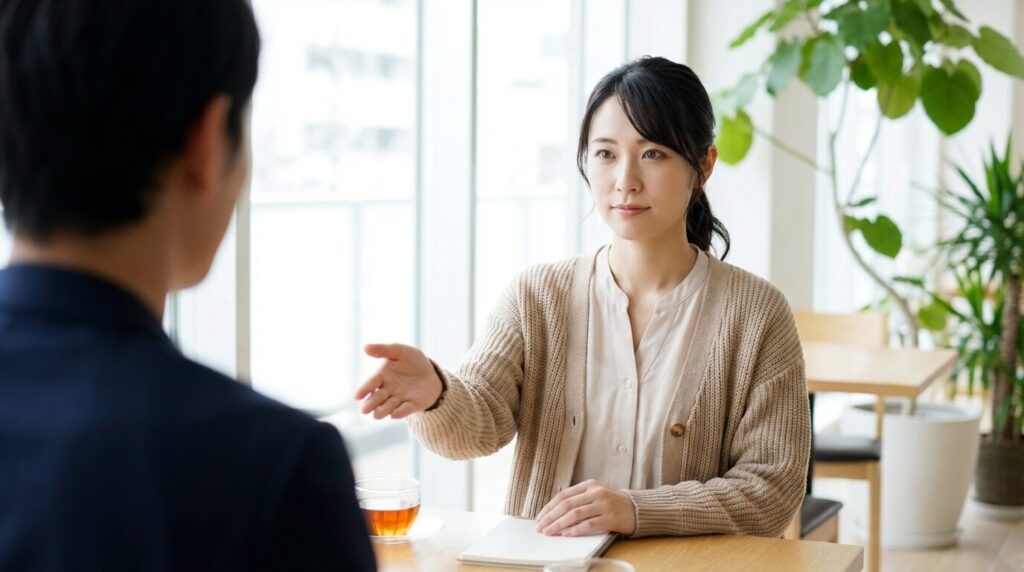 自己中心的な人に対して感情的にならず、適度な距離感を保つ適切な対処法を実践している日本人女性の様子。