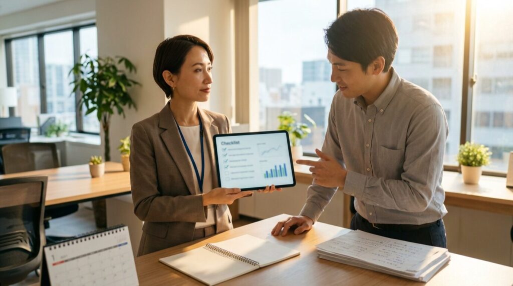 無責任な人に振り回されないよう、役割分担の明確化や記録の徹底といった具体的な対処法を実践している日本人女性社員の様子。