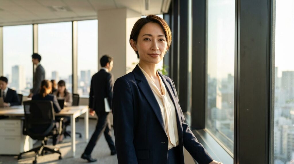 職場で意地悪な人をやっつける方法を学び、自分を守るための環境作りと考え方を整えて、穏やかな表情を見せる30代の日本人女性。