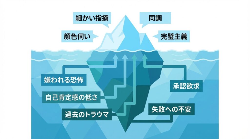 人の事が気になる人の行動と心理を表す氷山モデルの図解。水面上の行動(細かい指摘、同調など)の裏に、不安やトラウマといった心理的背景が隠れている構造を示している。