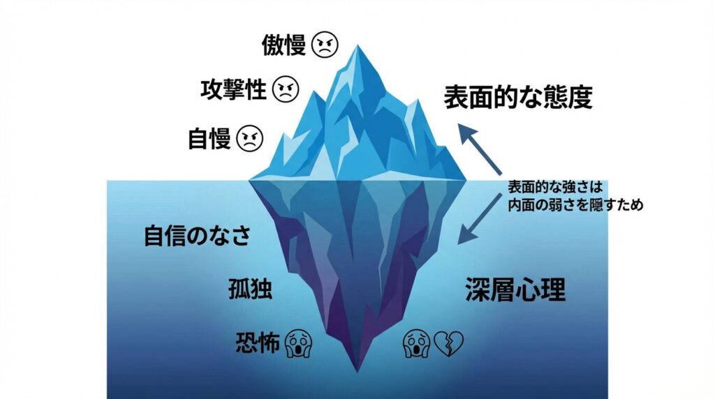 自分が一番大事な人の心理構造を表す氷山モデルの図解。水面上に見える傲慢な態度や攻撃性の裏には、自信のなさや傷つくことへの恐怖といった内面の問題が隠されていることを示している。