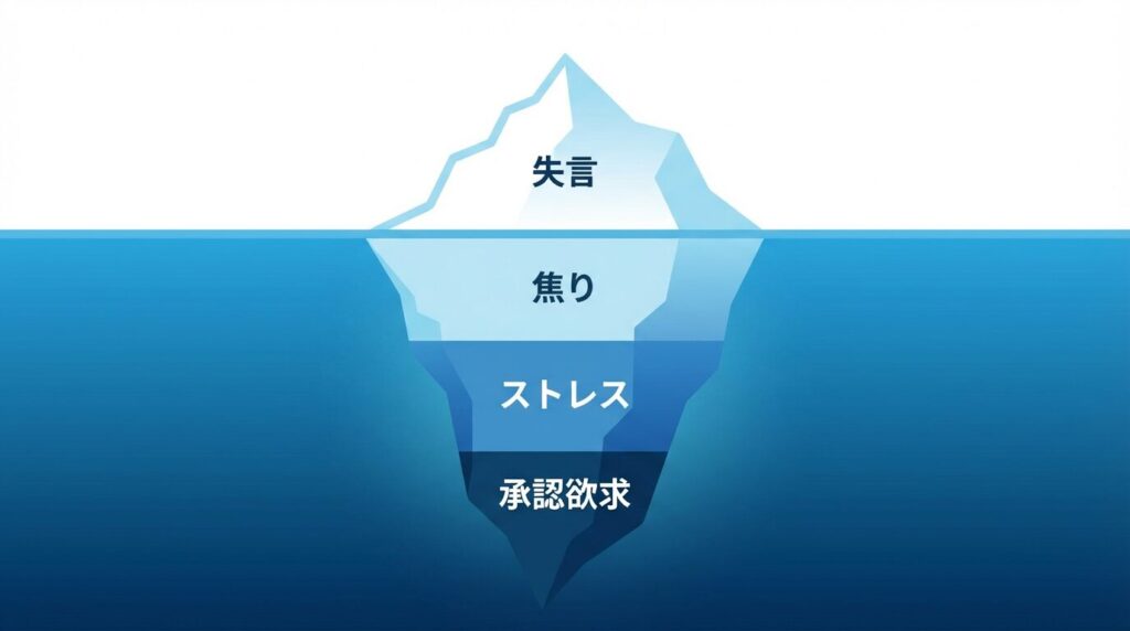 失言の裏にある心理構造を示す氷山モデルの図解。水面上の行動としての失言の下には、承認欲求や焦り、ストレスなどの心理的要因が隠れていることを表現。