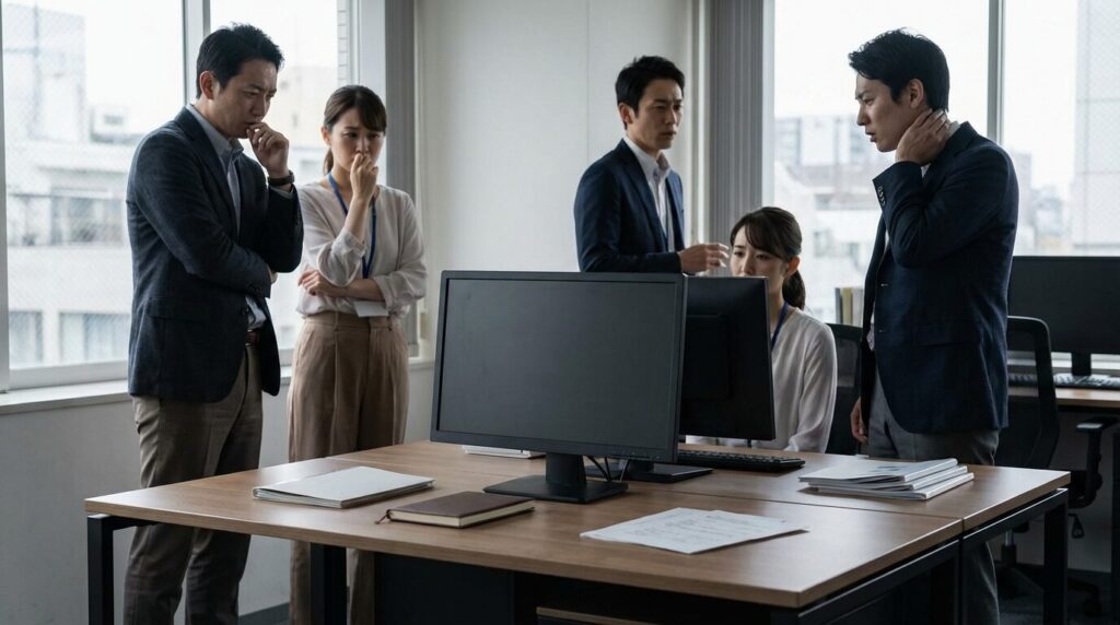 突発的な欠勤で主のいないデスクと、対応に追われ困惑する同僚たち。体調管理ができないことが仕事や周囲に与える影響や、信頼低下のリスクを示唆している。
