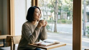 窓辺で穏やかに思考を整理する30代日本人女性の様子。思いやりがない人の育ちや特徴、心理を学び、効果的な対処法を見つけることで心の平穏を取り戻すイメージ。