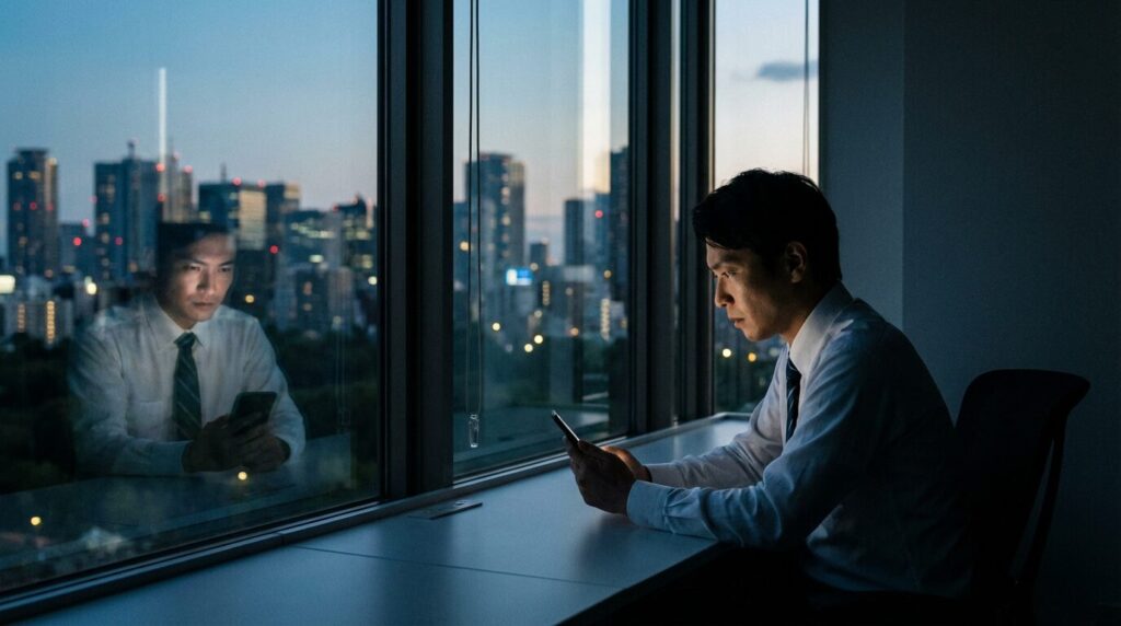 夕暮れのオフィスで一人不安げな表情を浮かべる男性。自分が一番でないと気が済まない人の深層心理にある、自信のなさや孤独感を表現している。