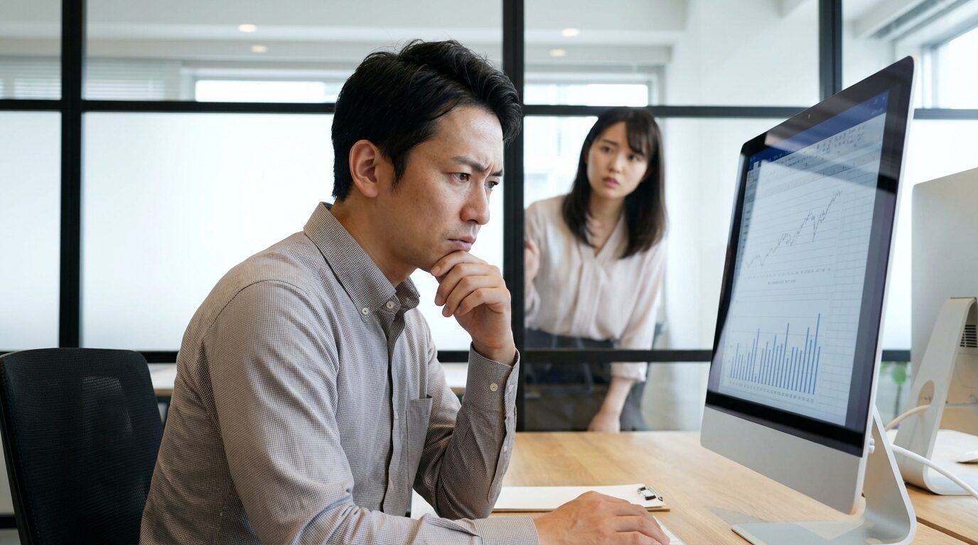 オフィスで独り言が多い人が集中して作業しており、頭がいいと言われる理由を象徴する知的な様子。その背後で同僚が少し困惑しており、心理的なギャップと適切な対処法が必要な状況を示している。