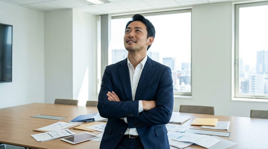 仕事でミスをしても反省せず、楽観的な態度をとる30代日本人男性。いい加減な人に共通する特徴と心理状態を表している。