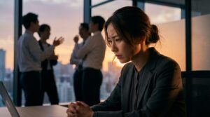 職場で無責任な人の言動に悩み、自身のキャリアや将来への影響を懸念している日本人女性の様子。彼らが迎える末路と具体的な対処法を知ろうとしている。