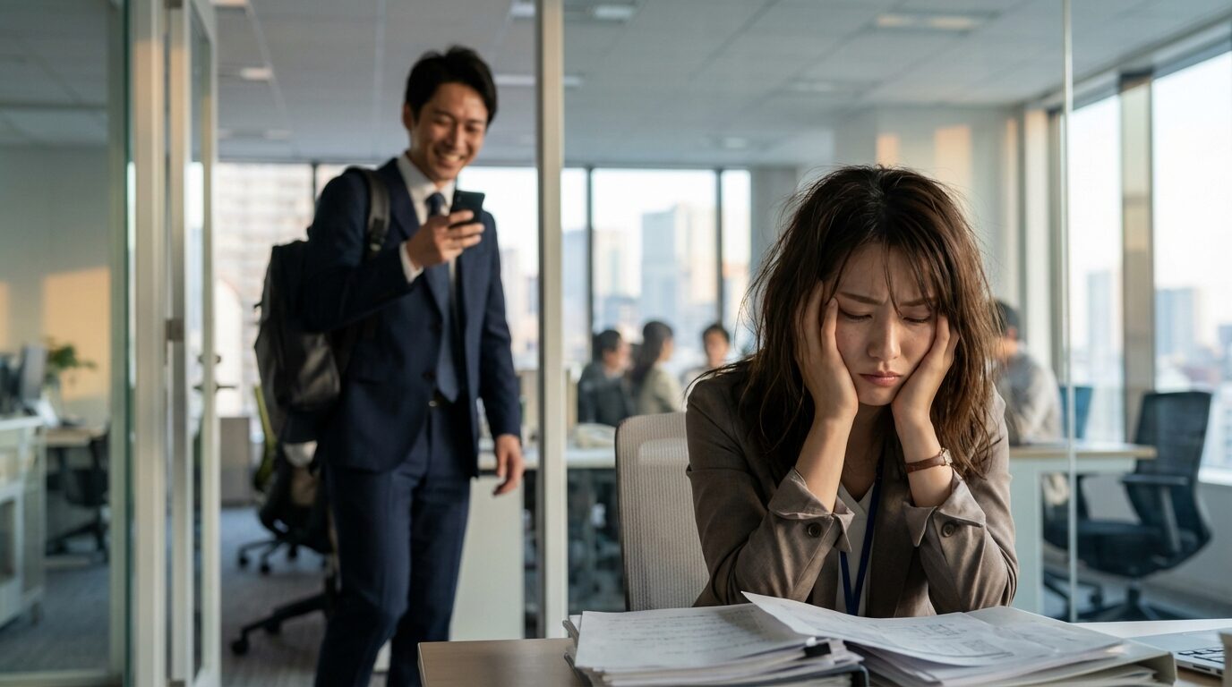 職場で時間にルーズな行動をとるいい加減な日本人男性社員と、その対応に困惑する女性社員。いい加減な人の育ちや末路、対処法に悩んでいる様子。