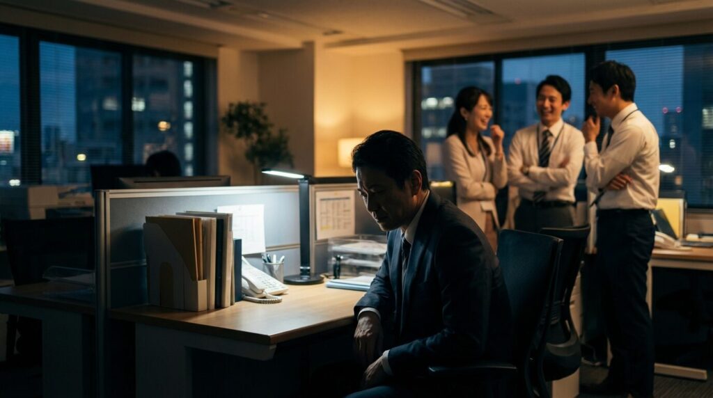 職場で周囲から距離を置かれ孤立している日本人男性の様子。上から目線の人の末路として、信頼を失い寂しい結末を迎えている状態を表している。