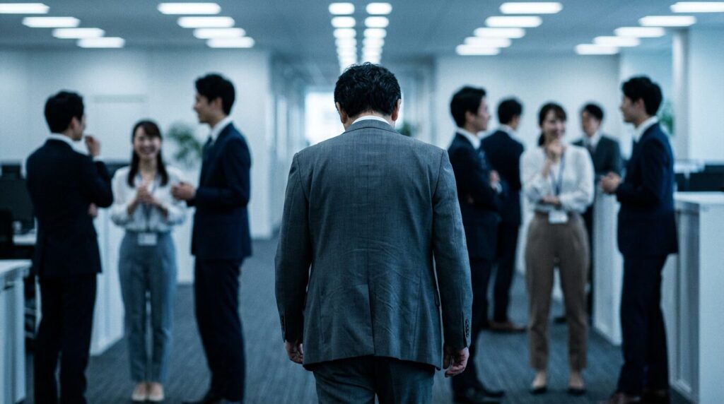 職場で周囲から距離を置かれ、孤立して歩く男性の後ろ姿。自分が一番でないと気が済まない人が最終的に迎える末路を象徴している。