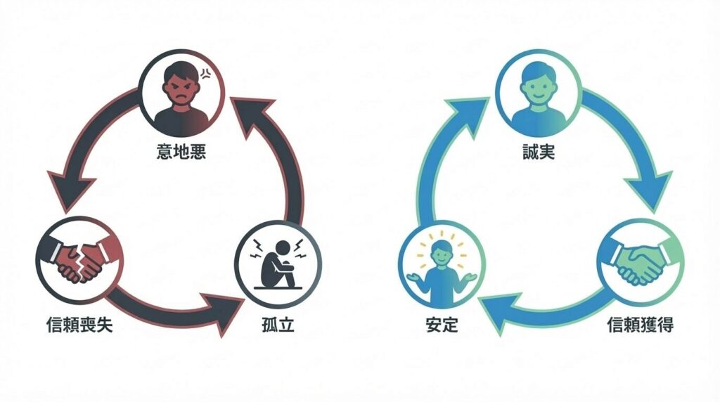 意地悪な行動が孤立を招く悪循環と、誠実な対応が信頼と精神的安定をもたらす好循環を対比させた因果応報のサイクル図
