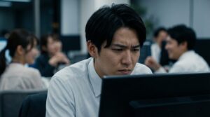 職場で決断に迷い不安そうな表情を浮かべる自信がない日本人男性。自信がない人の特徴や心理的な葛藤を表している様子。