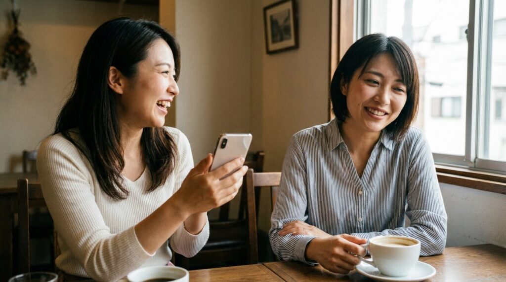カフェで友人の話を聞かず、自分の話ばかりをして配慮に欠ける行動をとる日本人女性。自分が一番大事な人に共通する特徴である、共感性の欠如や一方的なコミュニケーションの様子。