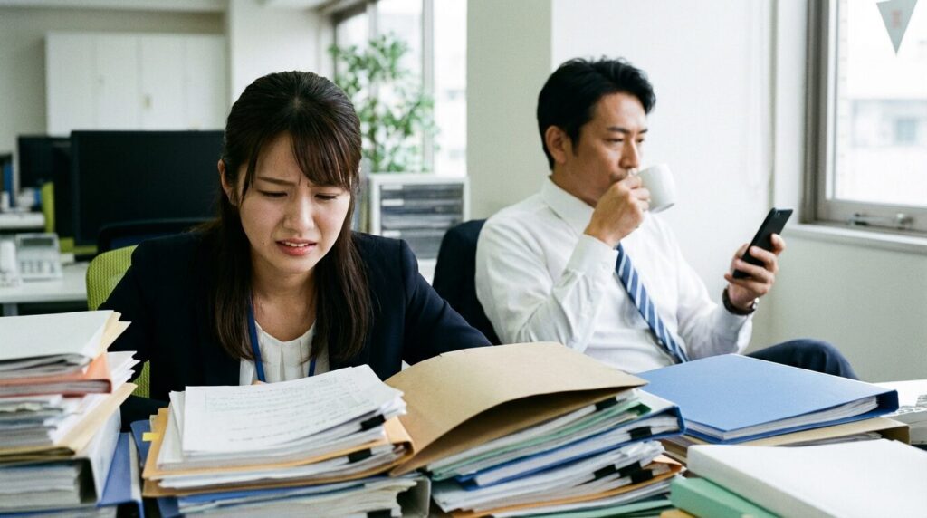 大量の仕事を抱えて困惑する女性社員の背後で、リラックスしてサボっている男性社員。楽な仕事しかしない人の特徴的な行動と、周囲への心理的負担を表している。