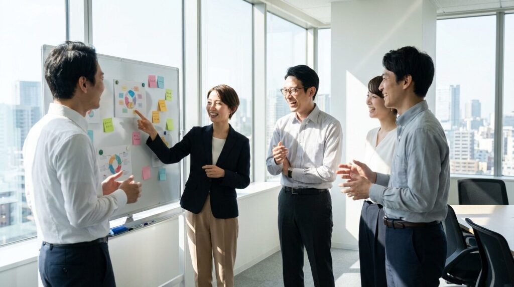 明るい会議室で、前向きな表情で議論を交わす30代の日本人社員たち。仕事が集まる人の特徴から学び、自身のキャリアに活かそうとする姿勢。