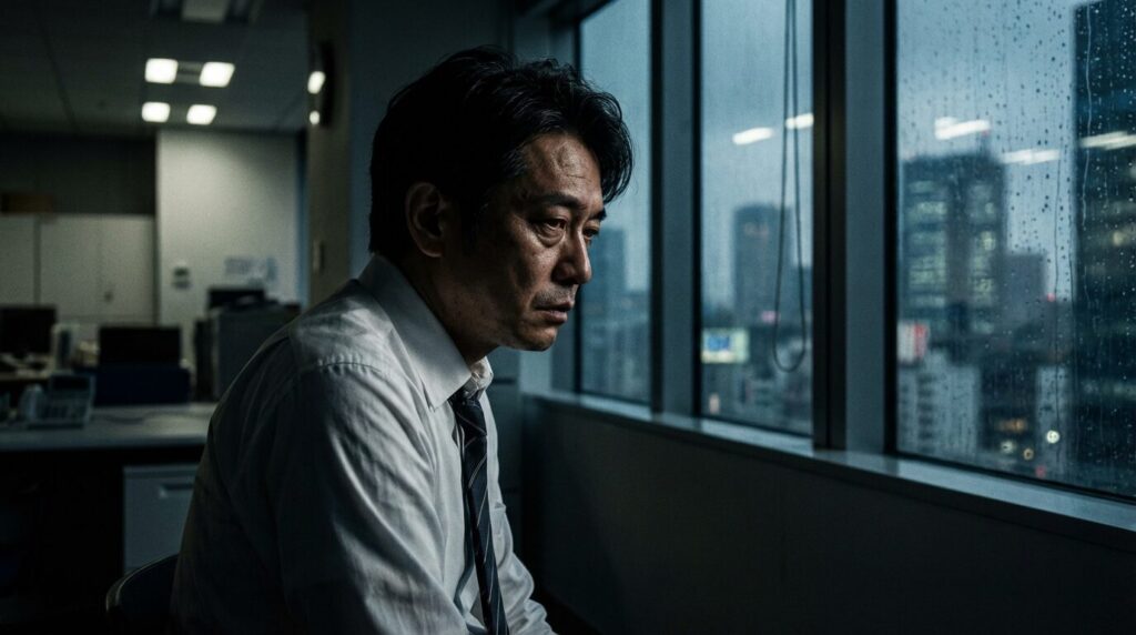 夜のオフィスで一人佇み、孤独感と疲労を感じている日本人男性。自信のなさが招くトラブルや将来的な末路、孤立を表している様子。