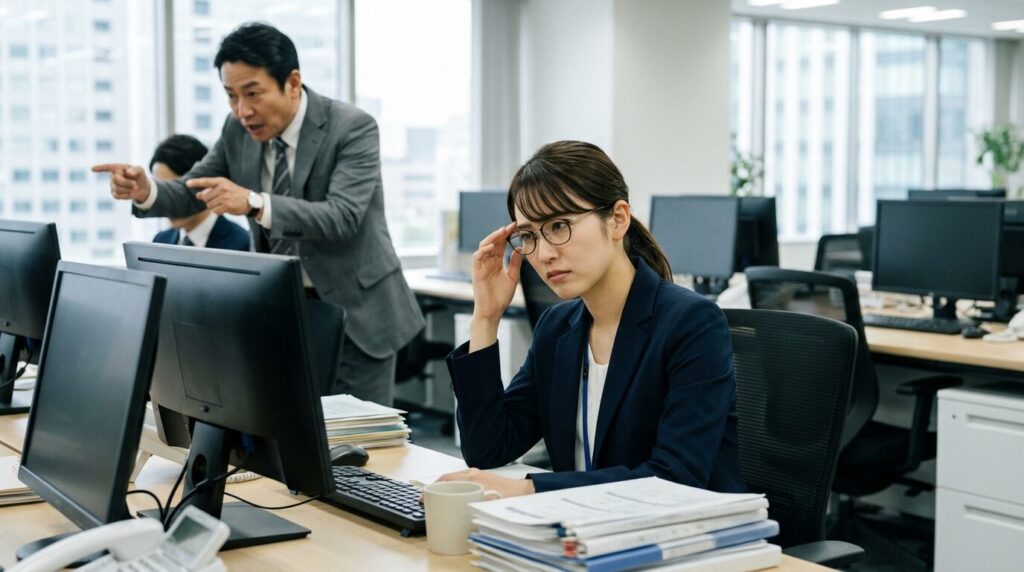 職場で上司からの細かい指摘に少し疲れた表情を見せる日本人女性社員。いちいちうるさい人の心理を理解し、職場でのストレスを減らす対処法を実践しようとしている様子。